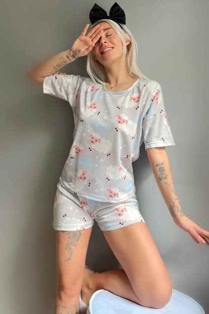 Gri Sheep Baskılı Şortlu Kadın Pijama Takımı - 1