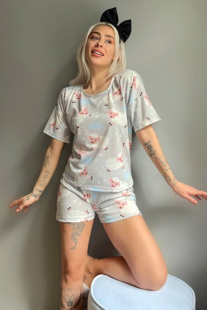 Gri Sheep Baskılı Şortlu Kadın Pijama Takımı - 2