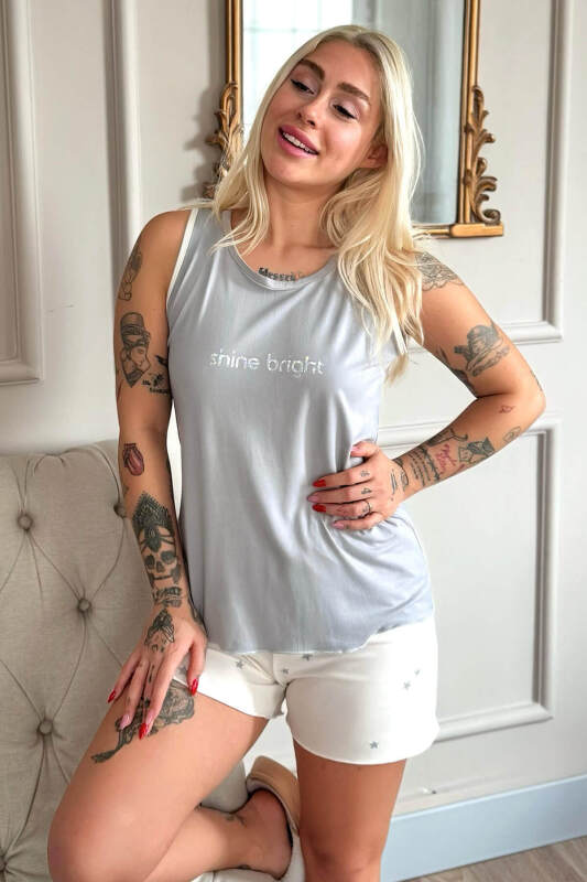 Gri Shine Desenli Bambu Sıfır Kol Şortlu Kadın Pijama Takımı - Pijamaevi