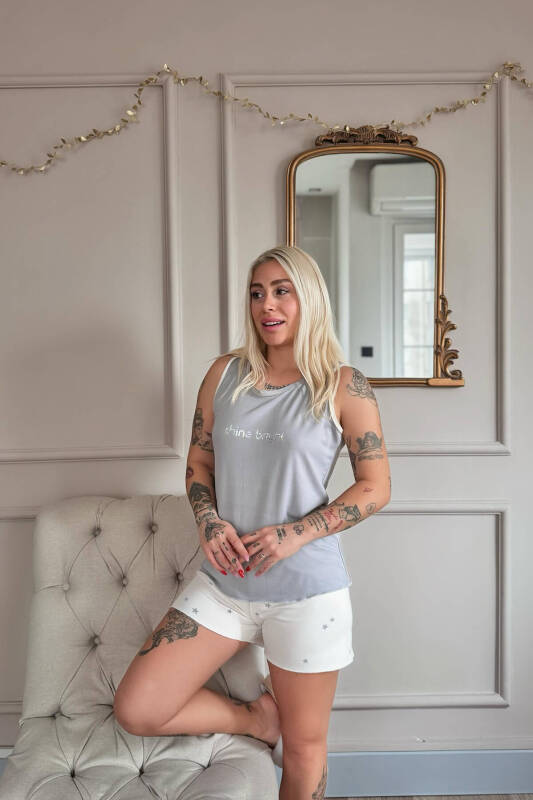 Gri Shine Desenli Bambu Sıfır Kol Şortlu Kadın Pijama Takımı - Pijamaevi (1)