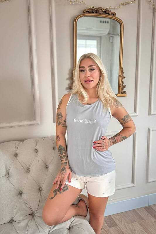 Gri Shine Desenli Bambu Sıfır Kol Şortlu Kadın Pijama Takımı - Pijamaevi (2)