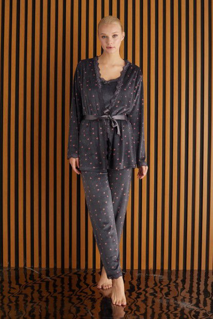 Gri Sive Exclusive Kadife Sabahlıklı Kadın Pijama Takımı  - 2