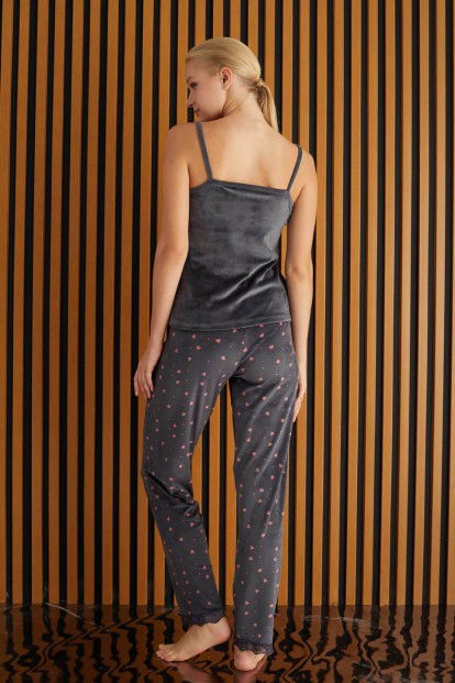 Gri Sive Exclusive Kadife Sabahlıklı Kadın Pijama Takımı  - 5