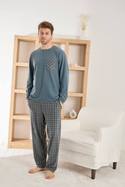 Gri Siyah Ekose Desenli Elegant Erkek Pijama Takımı - 2