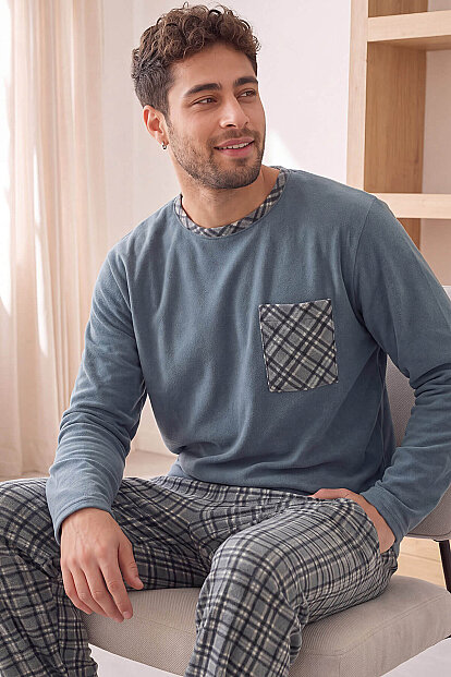 Gri Siyah Ekose Desenli Elegant Erkek Pijama Takımı - 1