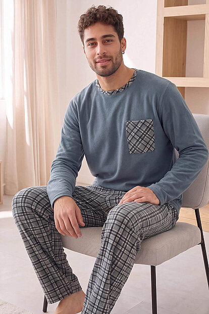 Gri Siyah Ekose Desenli Elegant Erkek Pijama Takımı - 3