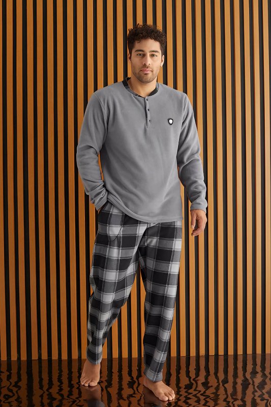 Gri Siyah Ekose Desenli Polar Erkek Pijama Takımı - Pijamaevi (1)