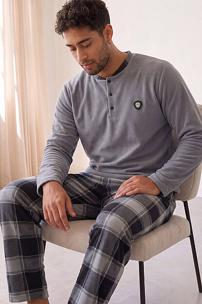 Gri Siyah Ekose Desenli Polar Erkek Pijama Takımı - 2