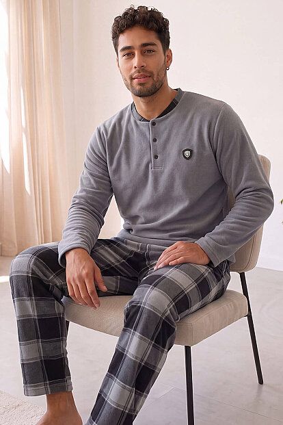 Gri Siyah Ekose Desenli Polar Erkek Pijama Takımı - 3