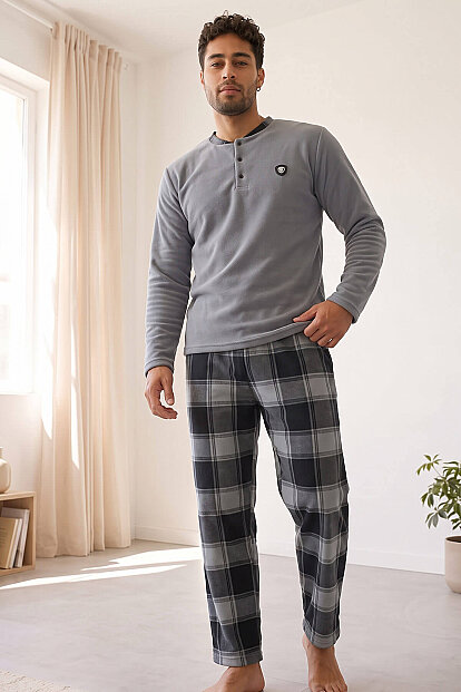 Gri Siyah Ekose Desenli Polar Erkek Pijama Takımı - 5