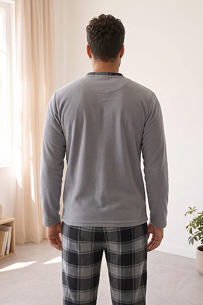 Gri Siyah Ekose Desenli Polar Erkek Pijama Takımı - 6