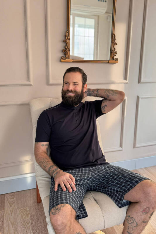 Gri Siyah Ekose Line Edge Detaylı Şortlu Kısa Kollu Erkek Pijama Takımı - Pijamaevi (1)