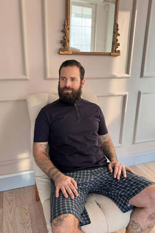 Gri Siyah Ekose Line Edge Detaylı Şortlu Kısa Kollu Erkek Pijama Takımı - Pijamaevi (2)