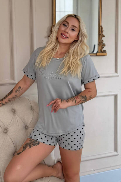 Gri Siyah Puan Smile Everyday Desenli Bambu Kısa Kol Kadın Şortlu Pijama Takımı - 2