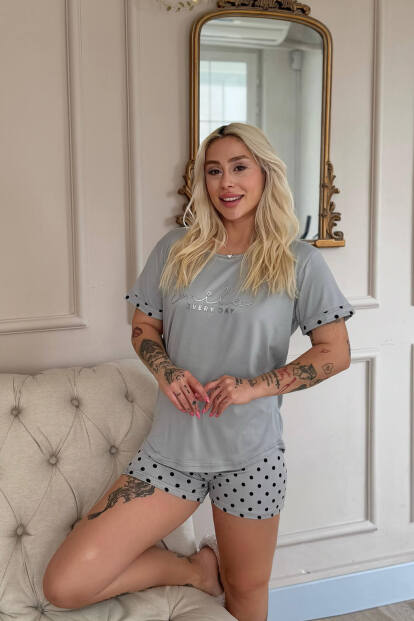 Gri Siyah Puan Smile Everyday Desenli Bambu Kısa Kol Kadın Şortlu Pijama Takımı - 3