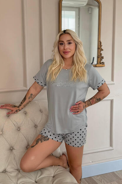 Gri Siyah Puan Smile Everyday Desenli Bambu Kısa Kol Kadın Şortlu Pijama Takımı - 4