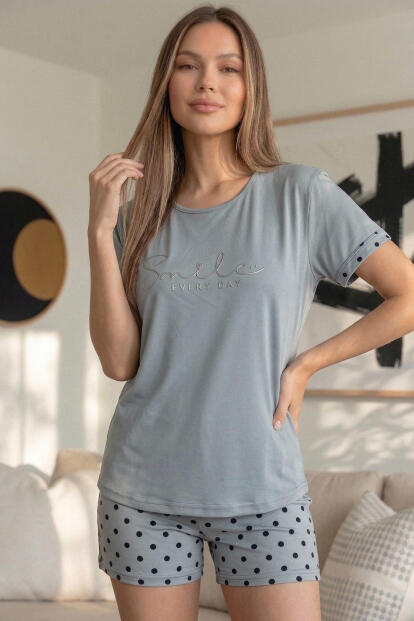 Gri Siyah Puan Smile Everyday Desenli Bambu Kısa Kol Kadın Şortlu Pijama Takımı - 2