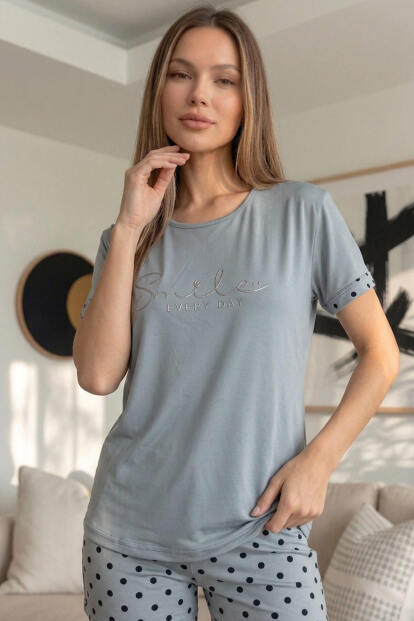 Gri Siyah Puan Smile Everyday Desenli Bambu Kısa Kol Kadın Şortlu Pijama Takımı - 4