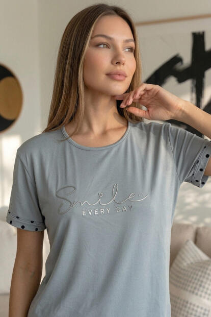 Gri Siyah Puan Smile Everyday Desenli Bambu Kısa Kol Kadın Şortlu Pijama Takımı - 5