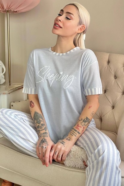 Gri Sleeping Baskılı Örme Kısa Kollu Kadın Pijama Takımı - 1