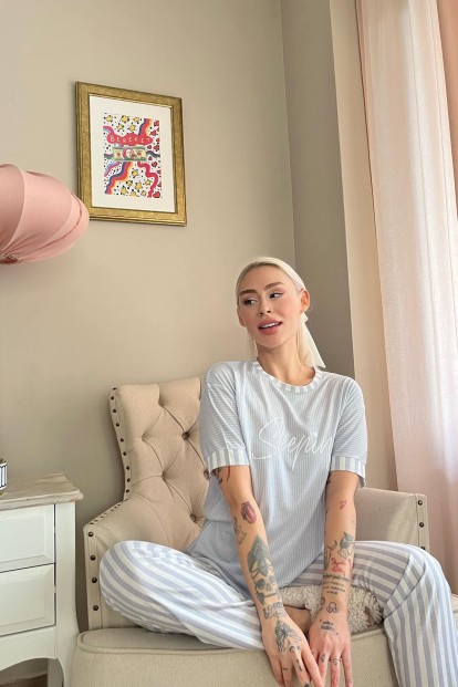 Gri Sleeping Baskılı Örme Kısa Kollu Kadın Pijama Takımı - 2