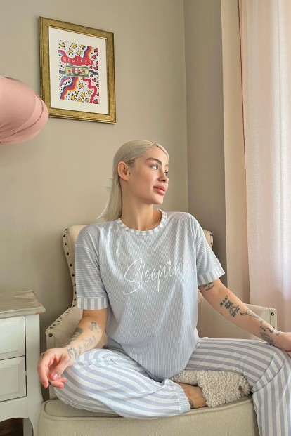 Gri Sleeping Baskılı Örme Kısa Kollu Kadın Pijama Takımı - 3