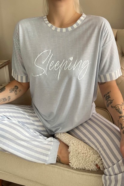 Gri Sleeping Baskılı Örme Kısa Kollu Kadın Pijama Takımı - 4