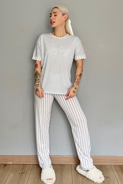 Gri Sleeping Baskılı Örme Kısa Kollu Kadın Pijama Takımı - 5