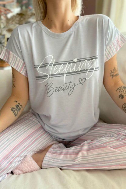 Gri Sleeping Beauty Baskılı Örme Kısa Kol Kadın Pijama Takımı - 4