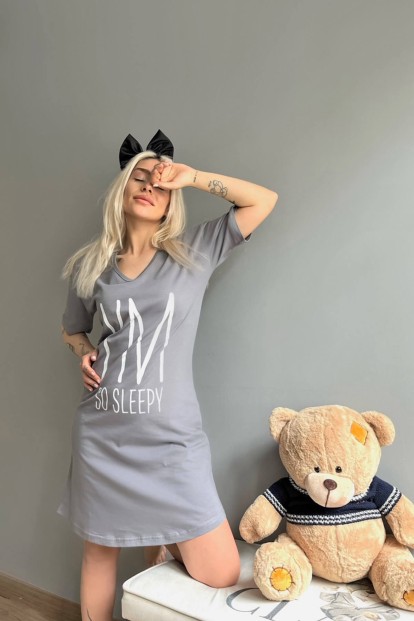 Gri Sleepy Baskılı Kadın Gecelik - 2