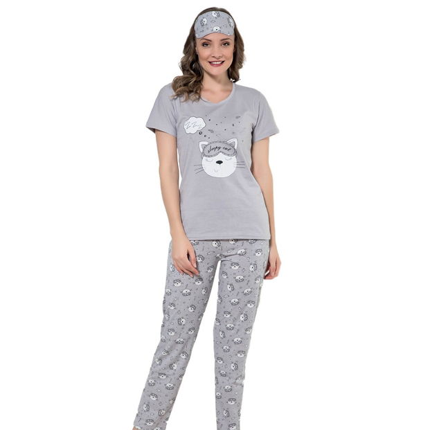 Gri Sleepy Cat Desenli Kısa Kollu Kadın Pijama Takımı - 1