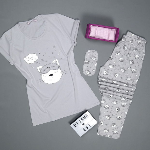 Gri Sleepy Cat Desenli Kısa Kollu Kadın Pijama Takımı - 2