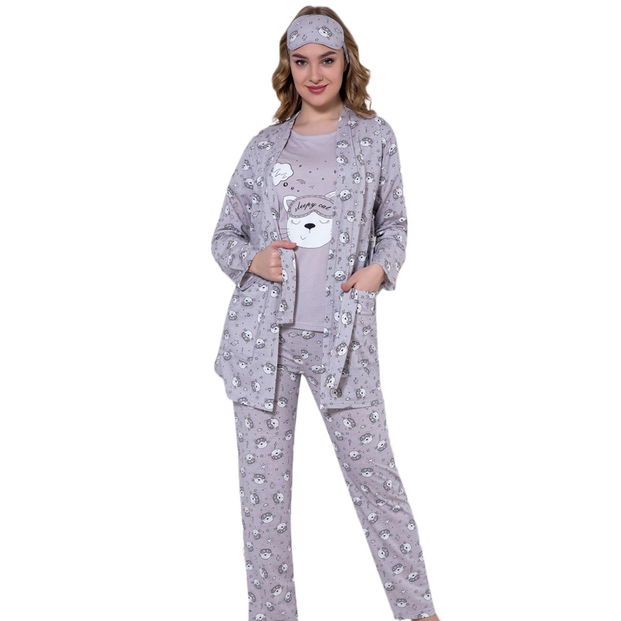 Gri Sleepy Cat Desenli Sabahlıklı Pijama Takımı - 1