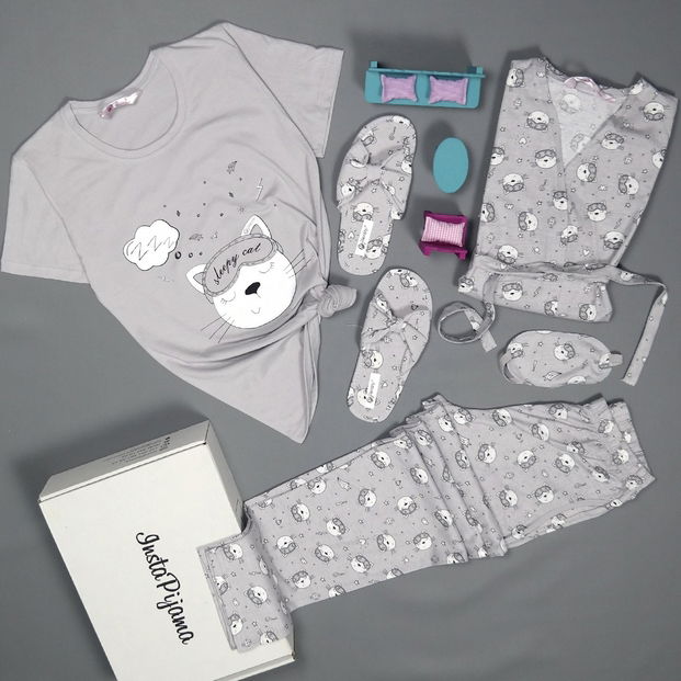Gri Sleepy Cat Desenli Sabahlıklı Pijama Takımı - 2