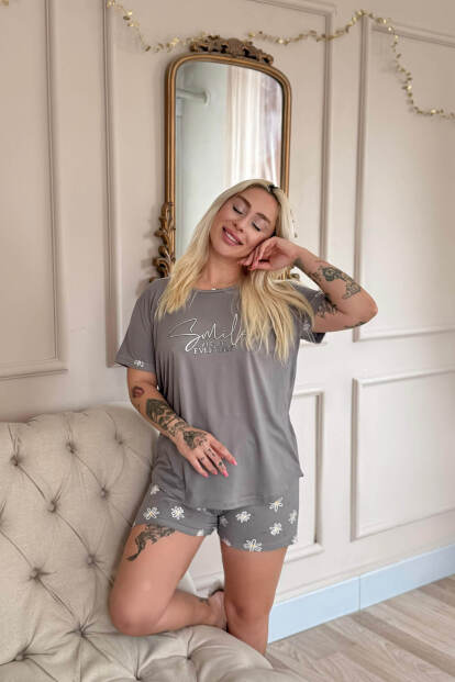 Gri Smile Everyday Desenli Bambu Kısa Kol Kadın Şortlu Pijama Takımı - 2