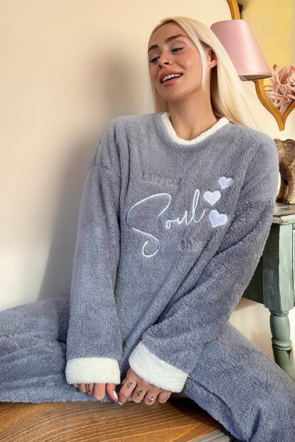 Gri Soul Desenli Tam Peluş Pijama Takımı - 6