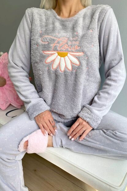 Gri Stay Flow Desenli Kadın Peluş Pijama Takımı - 3