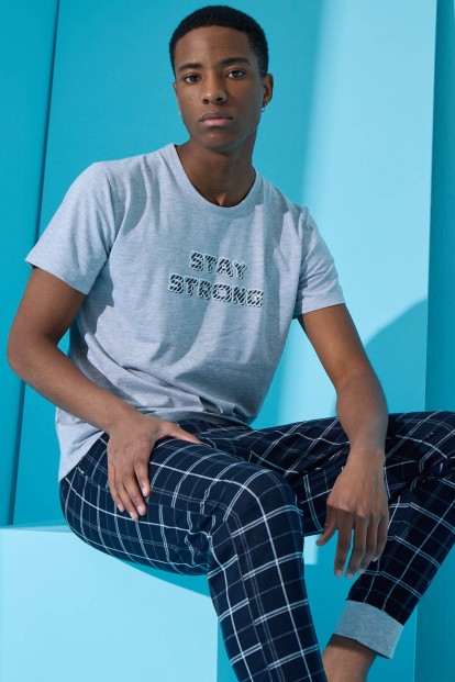 Gri Strong Baskılı Kısa Kollu Erkek Pijama Takımı - 1