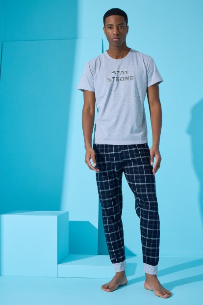 Gri Strong Baskılı Kısa Kollu Erkek Pijama Takımı - 3