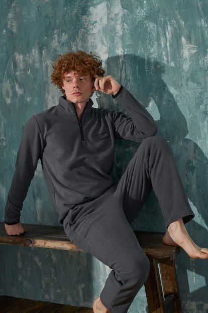 Gri Strong Yarım Fermuarlı Uzun Kollu Polar Erkek Pijama Takımı - 2