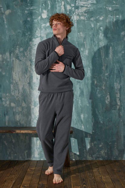 Gri Strong Yarım Fermuarlı Uzun Kollu Polar Erkek Pijama Takımı - 3