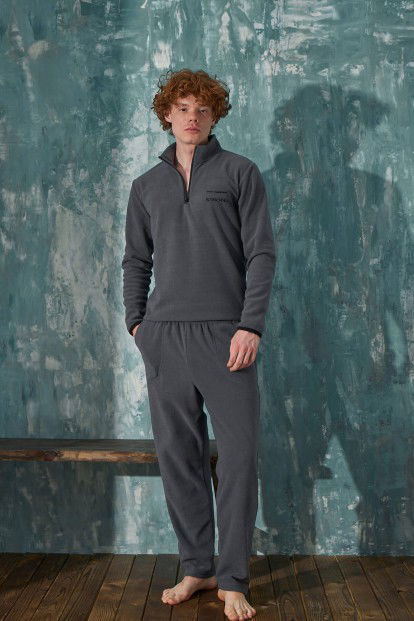Gri Strong Yarım Fermuarlı Uzun Kollu Polar Erkek Pijama Takımı - 4
