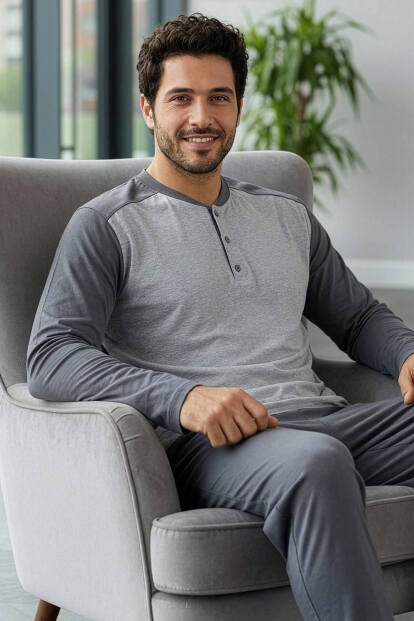 Gri Stylish Erkek Uzun Kol Pijama Takımı 