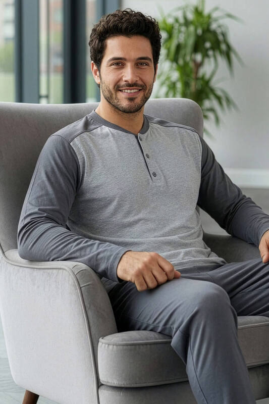Gri Stylish Erkek Uzun Kol Pijama Takımı - Pijamaevi