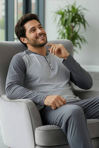 Gri Stylish Erkek Uzun Kol Pijama Takımı - 2