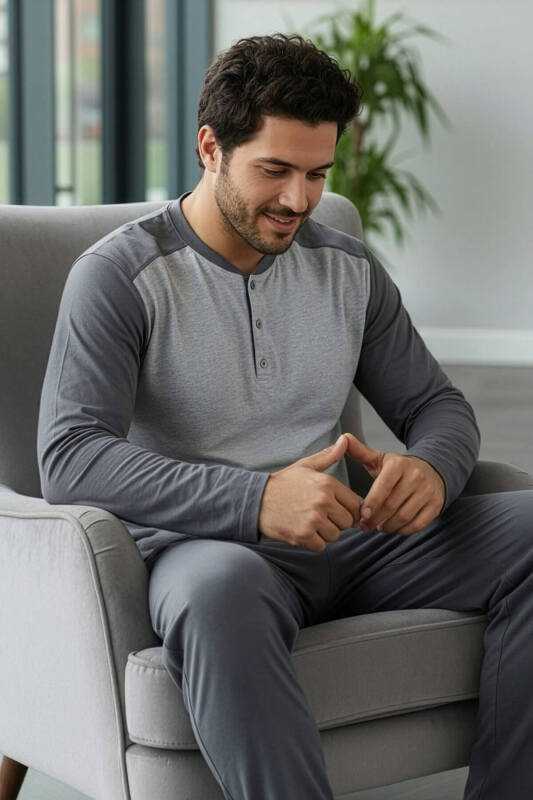 Gri Stylish Erkek Uzun Kol Pijama Takımı - Pijamaevi (2)