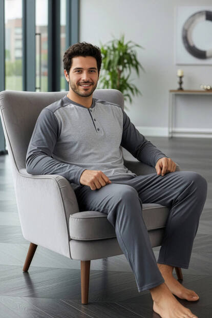 Gri Stylish Erkek Uzun Kol Pijama Takımı - 4