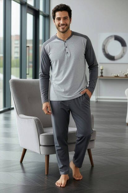 Gri Stylish Erkek Uzun Kol Pijama Takımı - 5