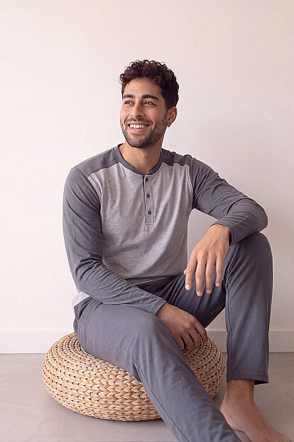 Gri Stylish Erkek Uzun Kol Pijama Takımı - 2