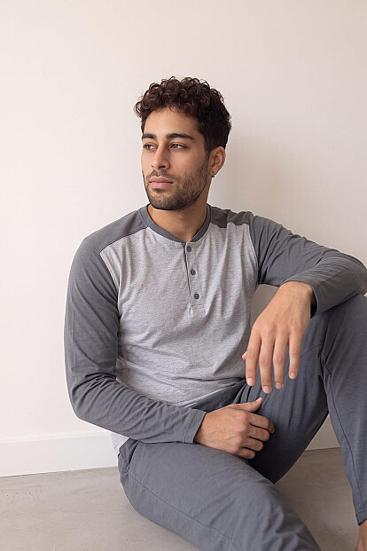 Gri Stylish Erkek Uzun Kol Pijama Takımı - 4